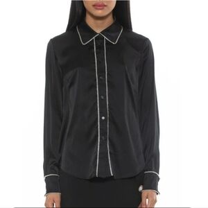 🖤Rachel Zoe Rhinestone Trim Black Long Sleeve Blouse